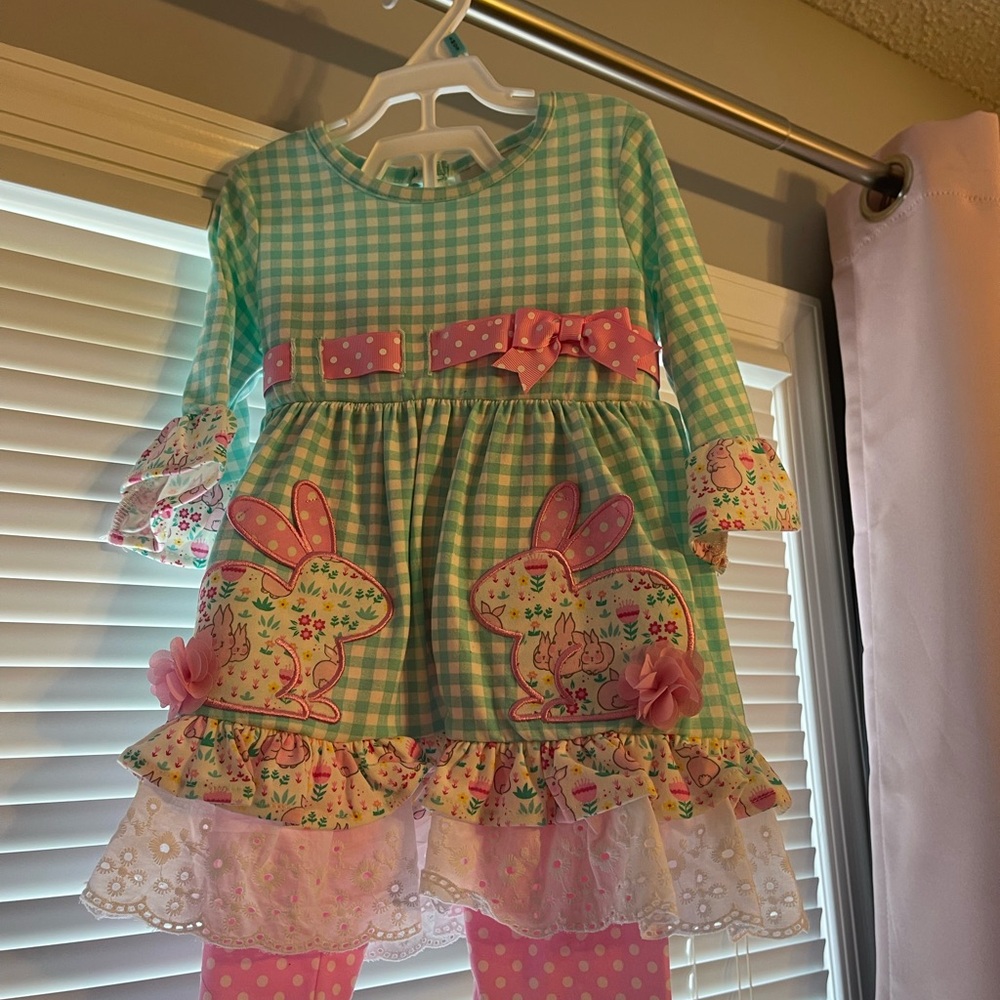 Adorable Green Gingham Bunny Dress with Pink Accents